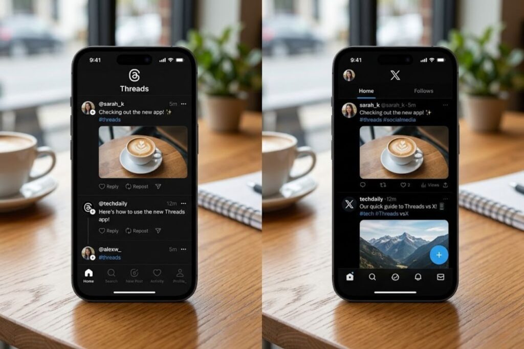 Side-by-side comparison of Threads and Twitter/X app interfaces