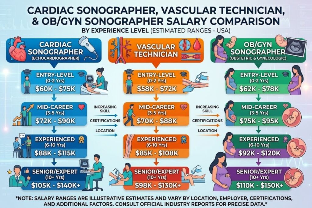 Comparison showing cardiac sonographer, vascular technician, and OBGYN sonographer salaries with experience levels