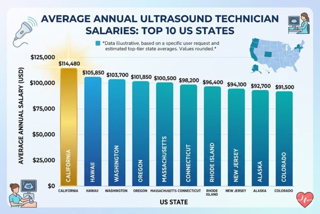 Bar chart showing ultrasound technician average salaries across top 10 US states, California highest at $114,480