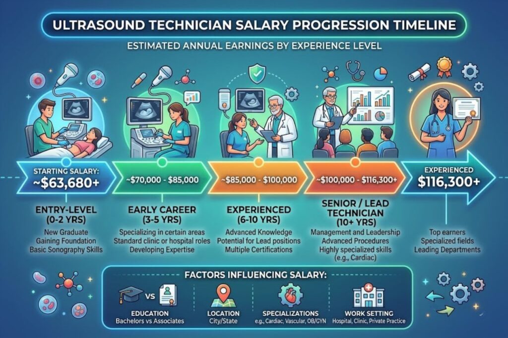 Timeline showing ultrasound technician salary progression from entry-level $63,680 through experienced $116,300+ earnings