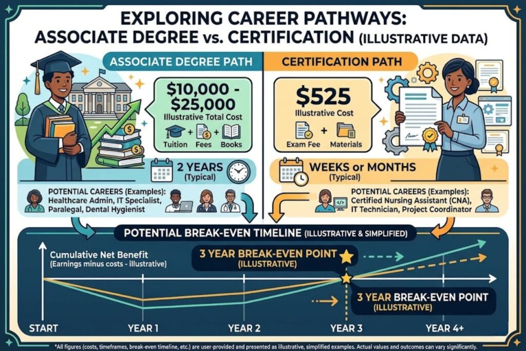 Infographic displaying associate degree costs $10-25k, certification costs $525, and break-even timeline 3 years