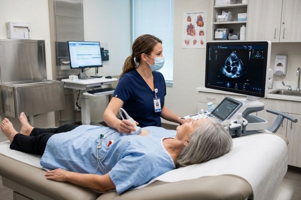 Professional ultrasound technician performing cardiac imaging on patient in modern hospital setting