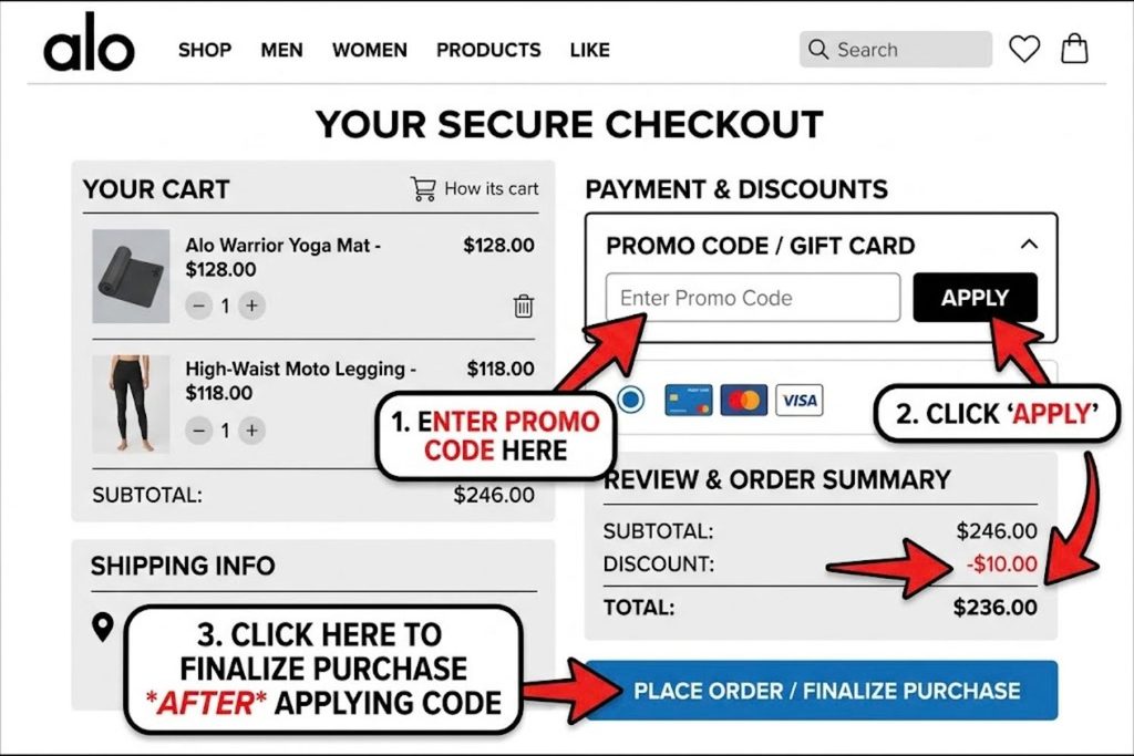Screenshot of Alo checkout page showing where to enter promo code before finalizing purchase