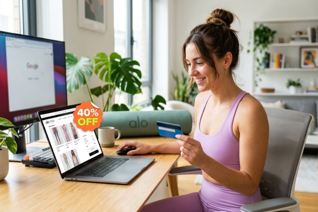 Woman shopping for Alo yoga products online using a discount code on her laptop