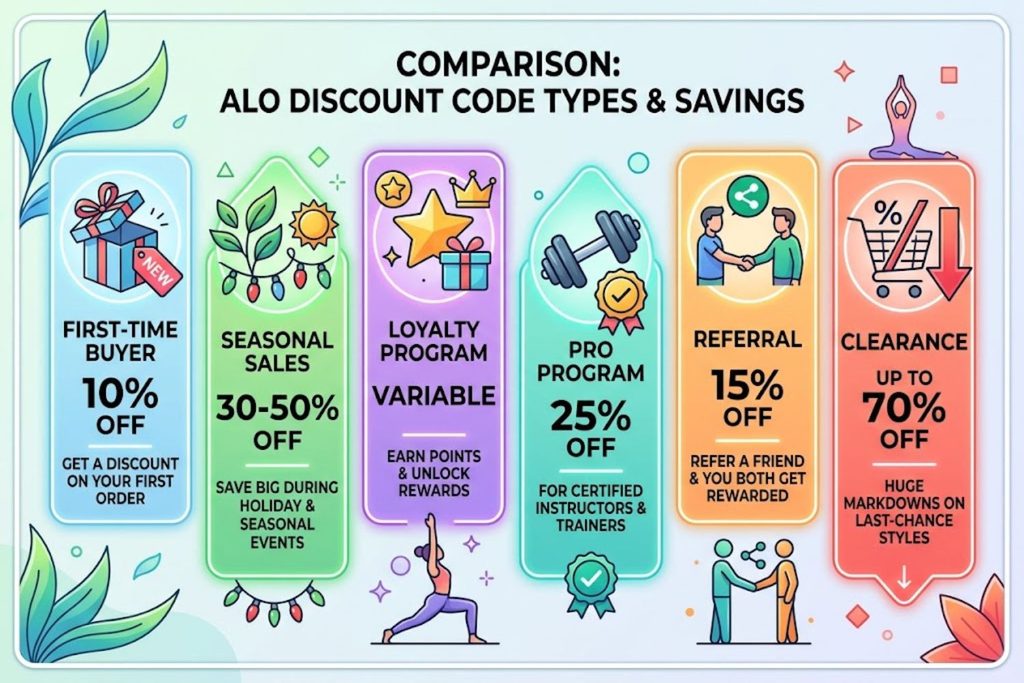 Chart comparing Alo discount code types and savings: first-time buyer 10%, seasonal sales 30-50%, loyalty program variable, pro program 25%, referral 15%, clearance up to 70%