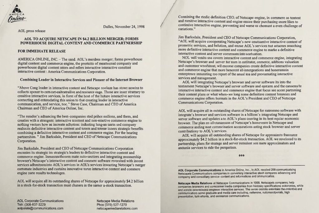 AOL press release announcing the acquisition of Netscape Communications Corporation for 4.2 billion dollars in 1998