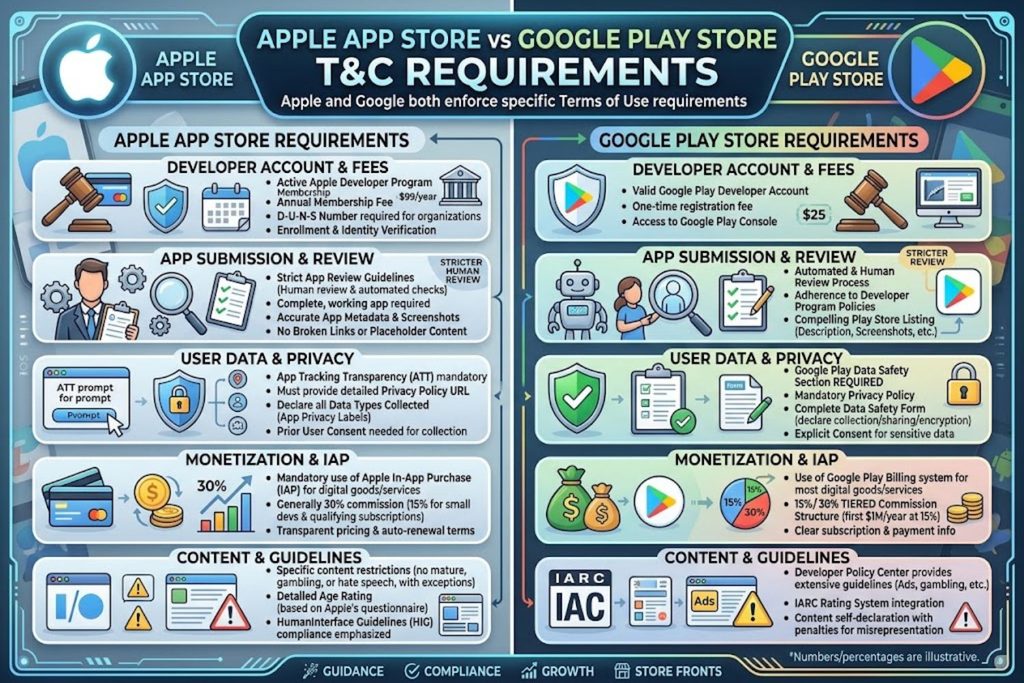 Side-by-side comparison of Apple App Store vs Google Play Store T&C requirements