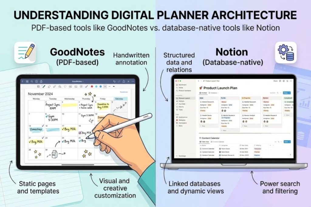 Split-screen comparison showing GoodNotes handwritten notes on left, Notion database interface on right, representing PDF-based vs. database-first digital planner architectures