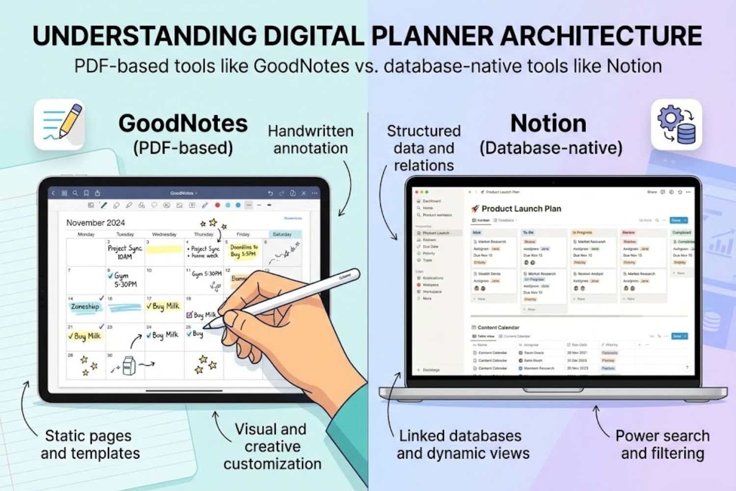 Split-screen comparison showing GoodNotes handwritten notes on left, Notion database interface on right, representing PDF-based vs. database-first digital planner architectures