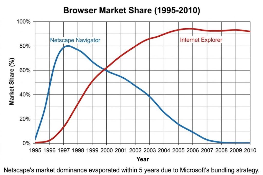 Line chart showing Netscape browser market share declining from 80% in 1997 to near 0% by 2008, while Internet Explorer rose from near 0% to dominance