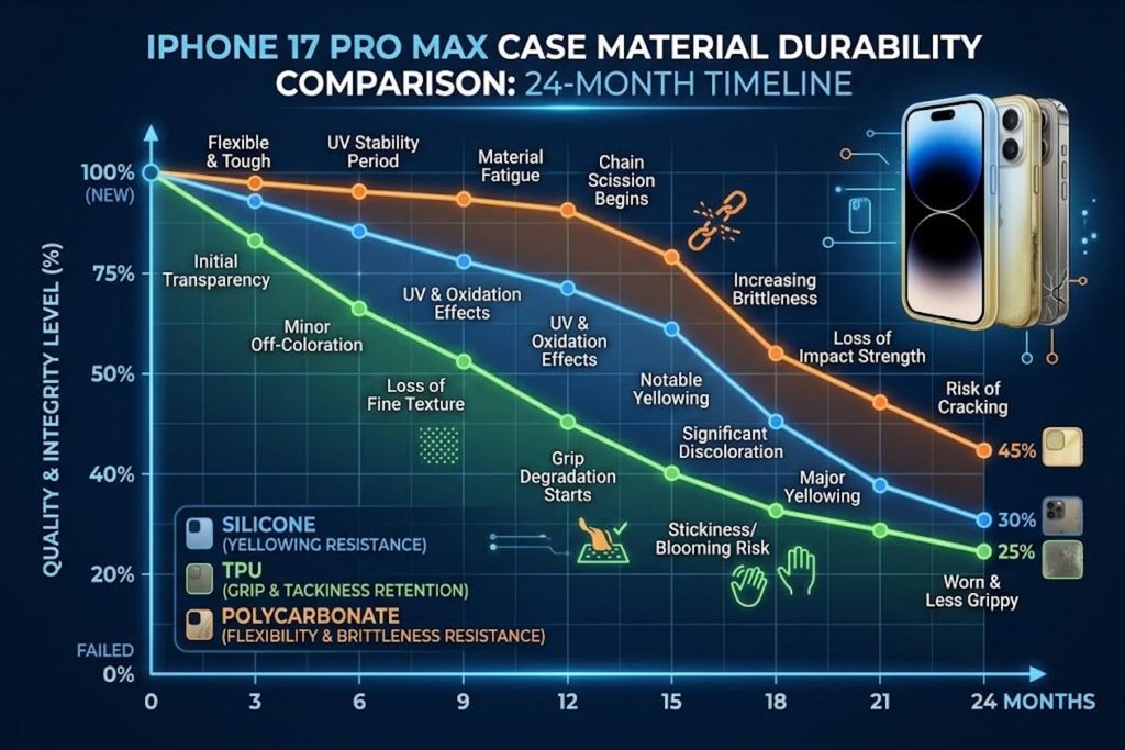 Chart showing case material durability timelines comparing silicone yellowing, TPU grip degradation, and polycarbonate brittleness over 24 months