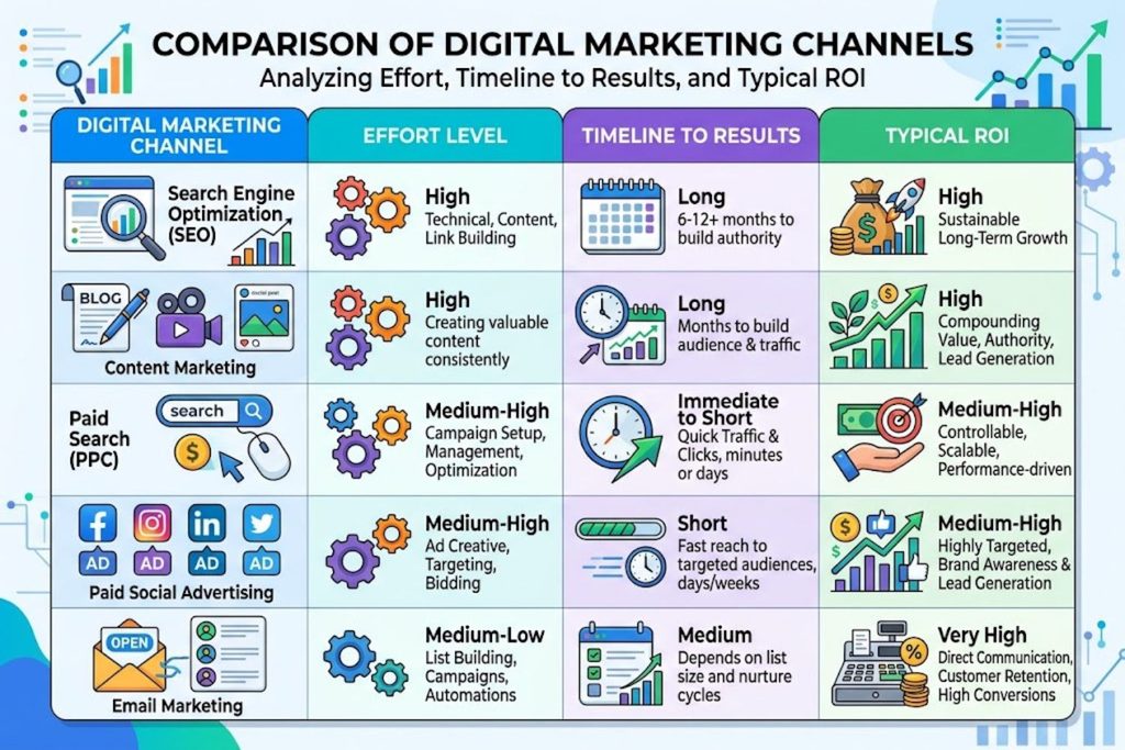 Comparison table of digital marketing channels showing effort, timeline to results, and typical ROI