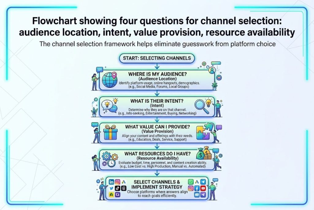 Flowchart showing four questions for channel selection: audience location, intent, value provision, resource availability