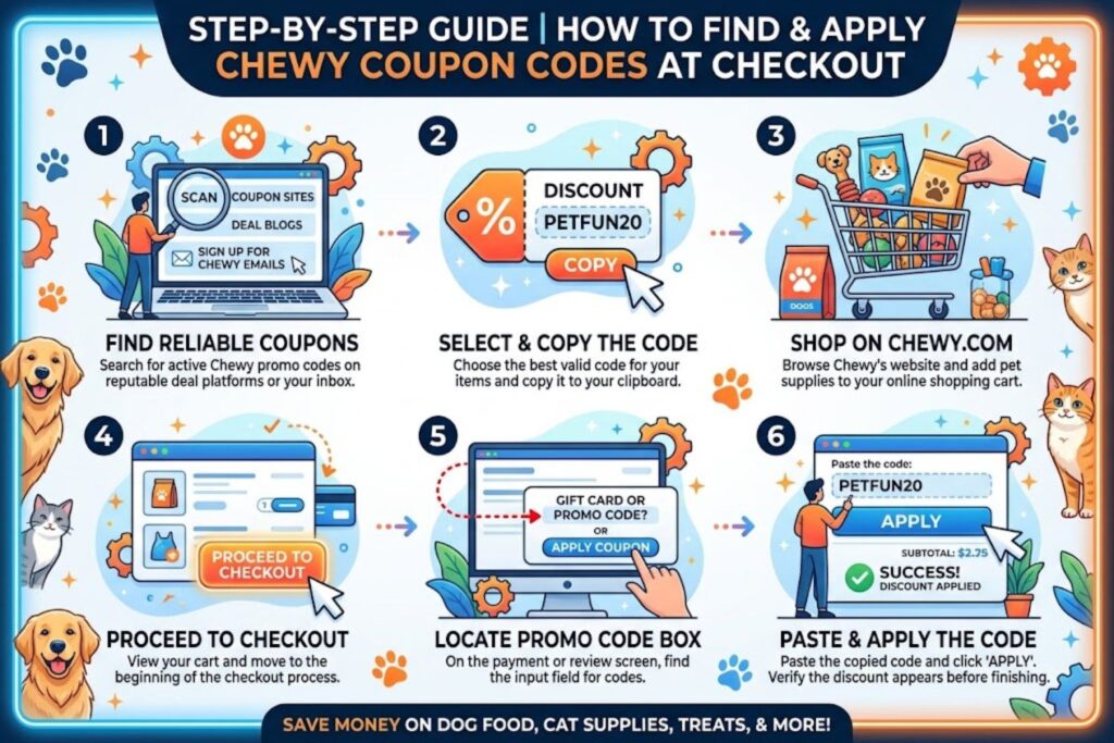 Step-by-step guide showing how to find and apply Chewy coupon codes during checkout