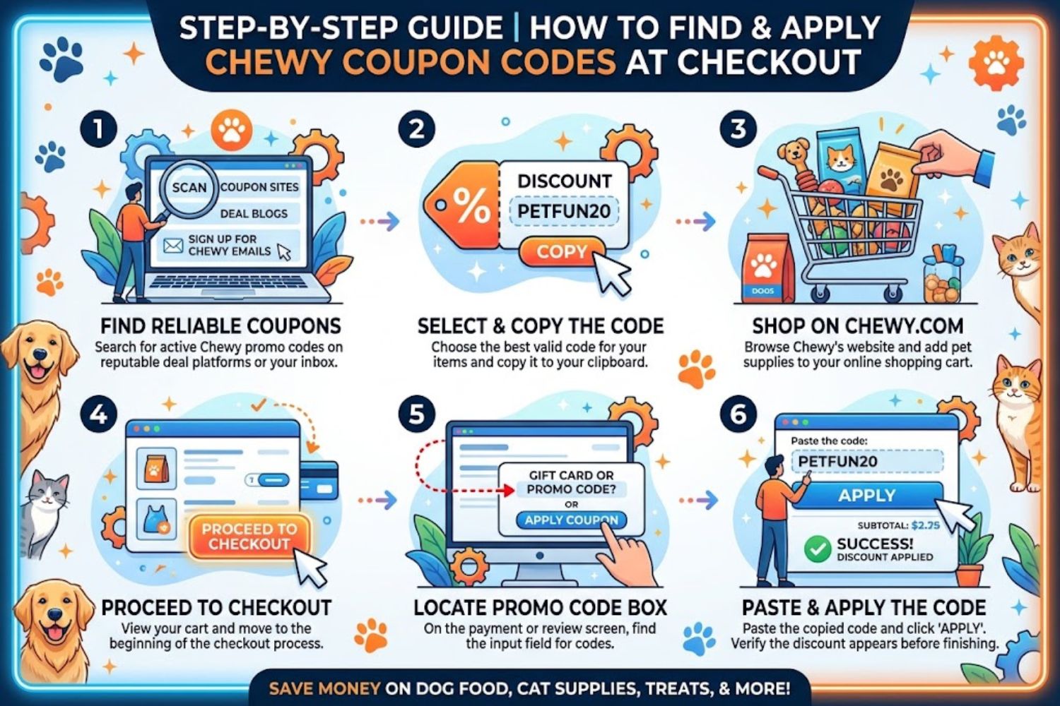 Step-by-step guide showing how to find and apply Chewy coupon codes during checkout