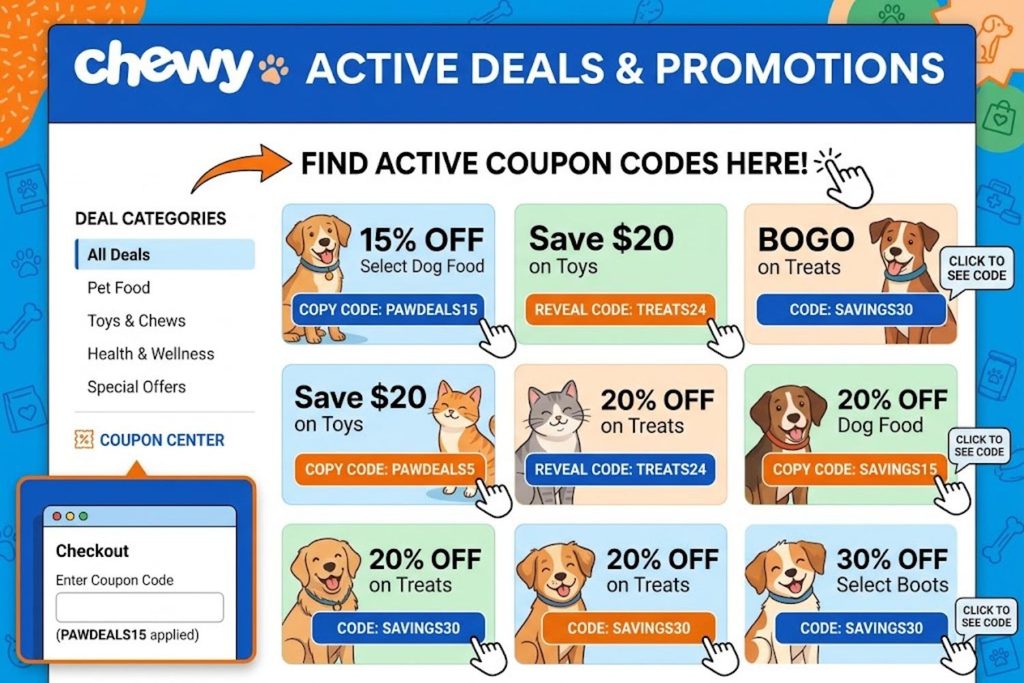 Chewy website deals page showing active coupon promotions and discount offers