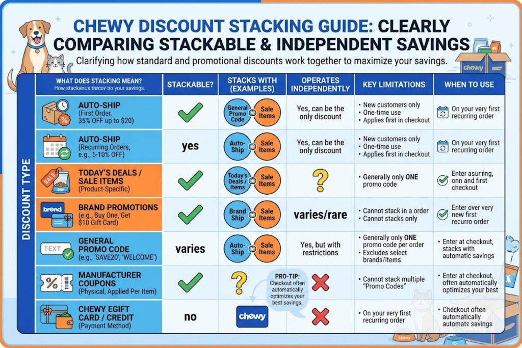 Comparison table showing which Chewy discounts can stack together and which operate independently