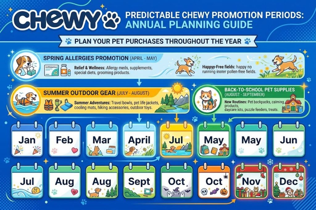 Calendar showing predictable Chewy promotion periods: spring allergies, summer outdoor, back-to-school, and holiday sales