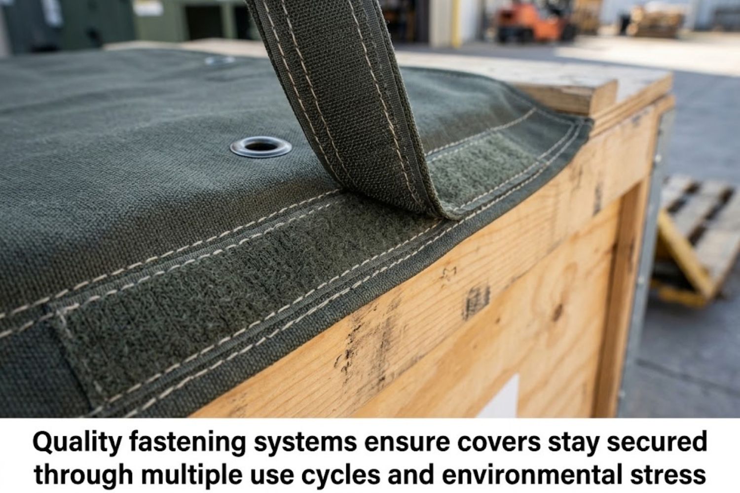 Close-up of reinforced hook-and-loop fasteners securing a high-quality crate cover with double stitching visible