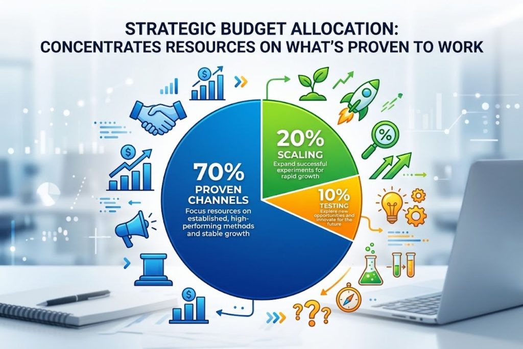 Pie chart showing recommended budget allocation: 70% proven channels, 20% scaling, 10% testing