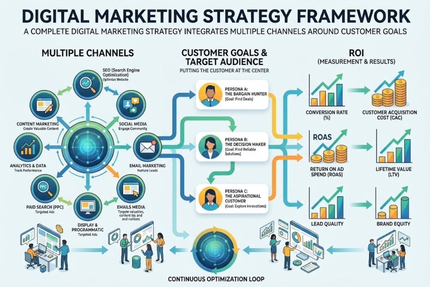 Digital marketing strategy framework showing channels, audience, and ROI