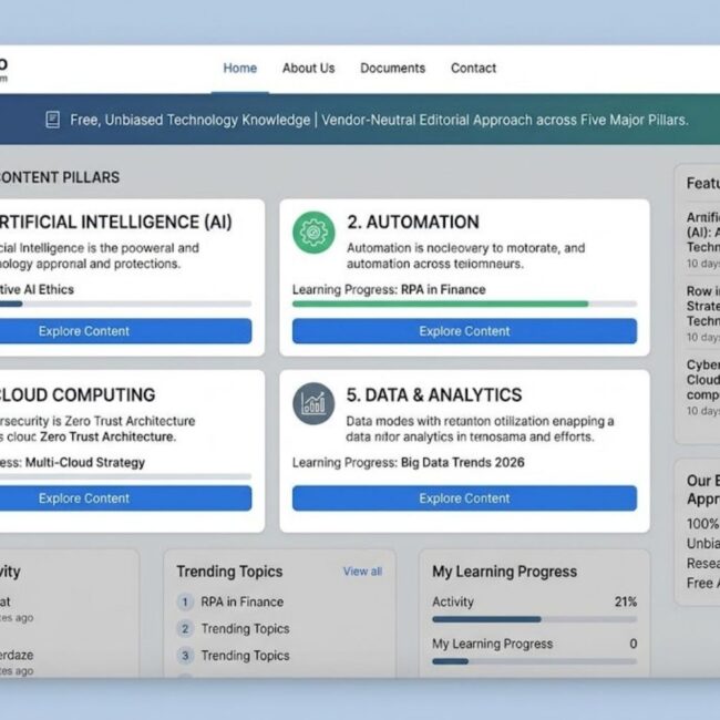 Dashboard view of Droven.io knowledge platform showing AI, automation, cybersecurity, and cloud computing content categories