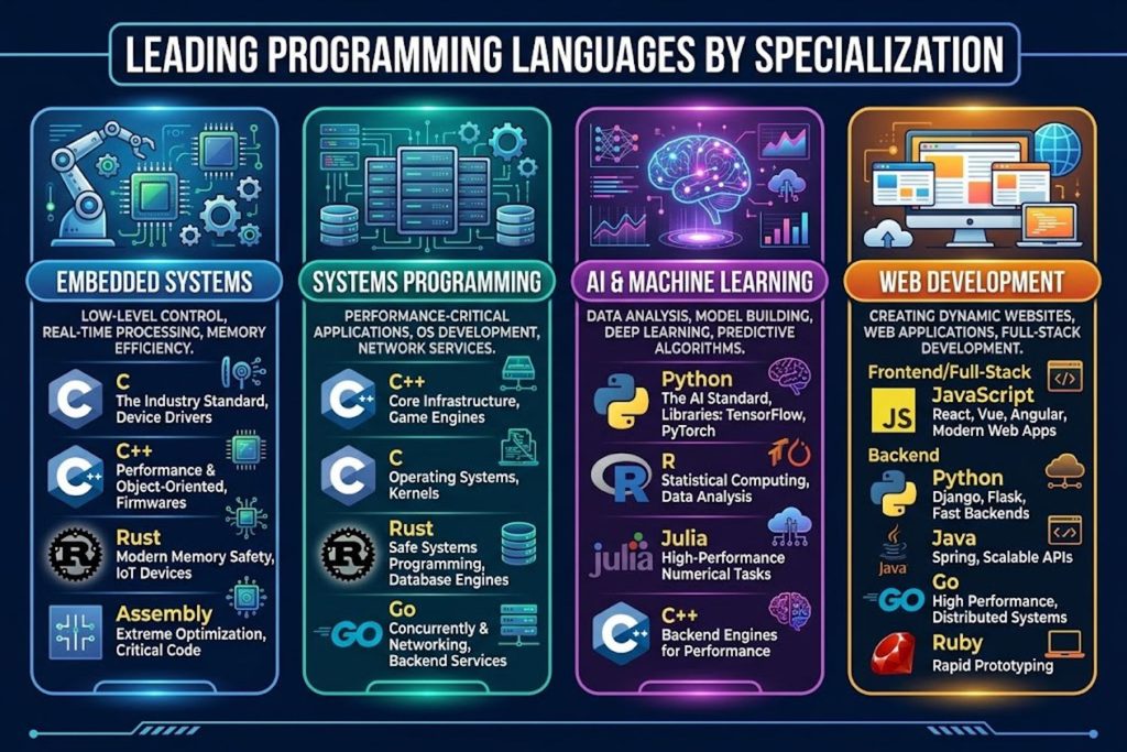 Infographic showing the hardest programming languages categorized by use case: embedded systems, systems programming, AI research, and web development