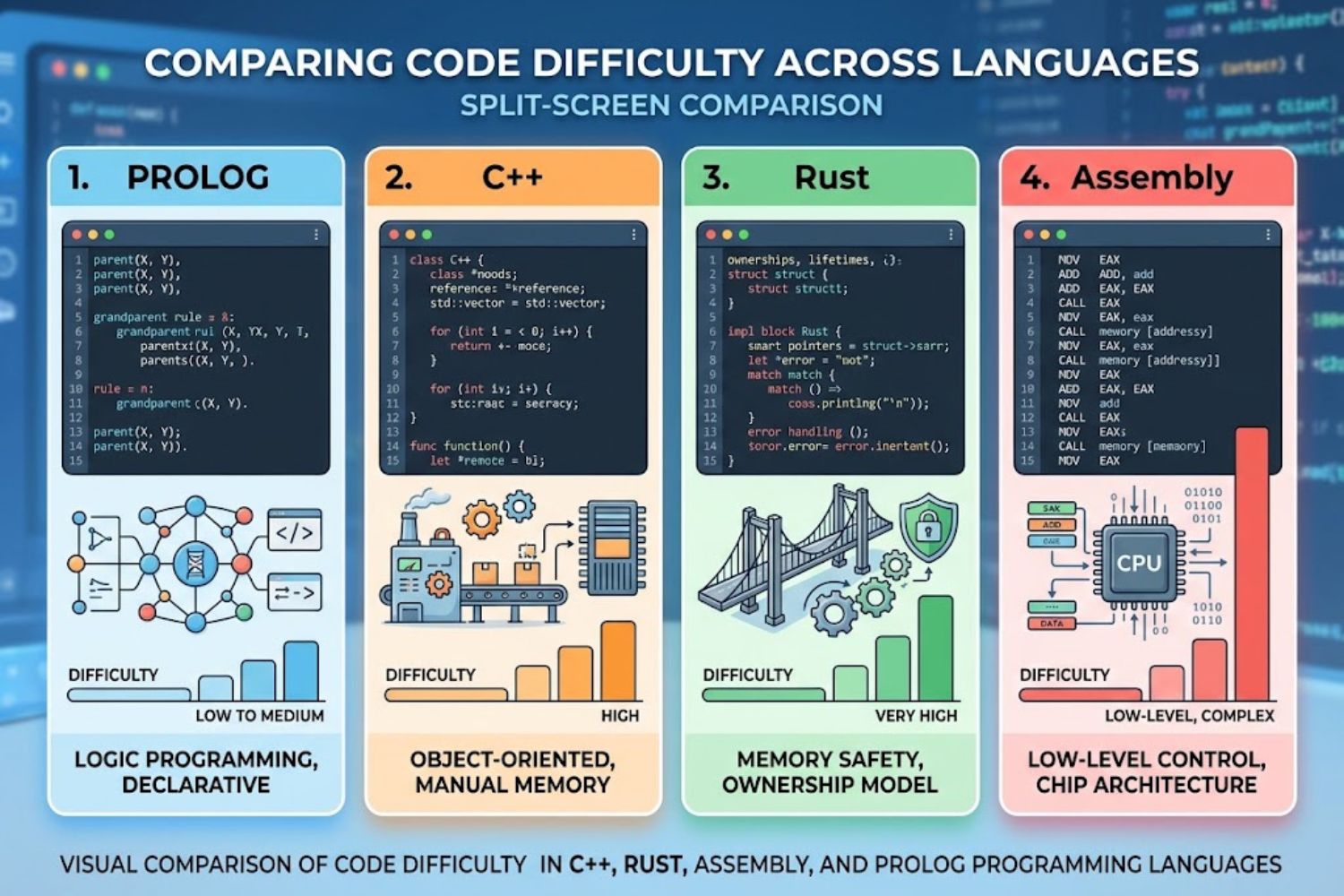 Visual comparison of code difficulty in C++, Rust, Assembly, and Prolog programming languages
