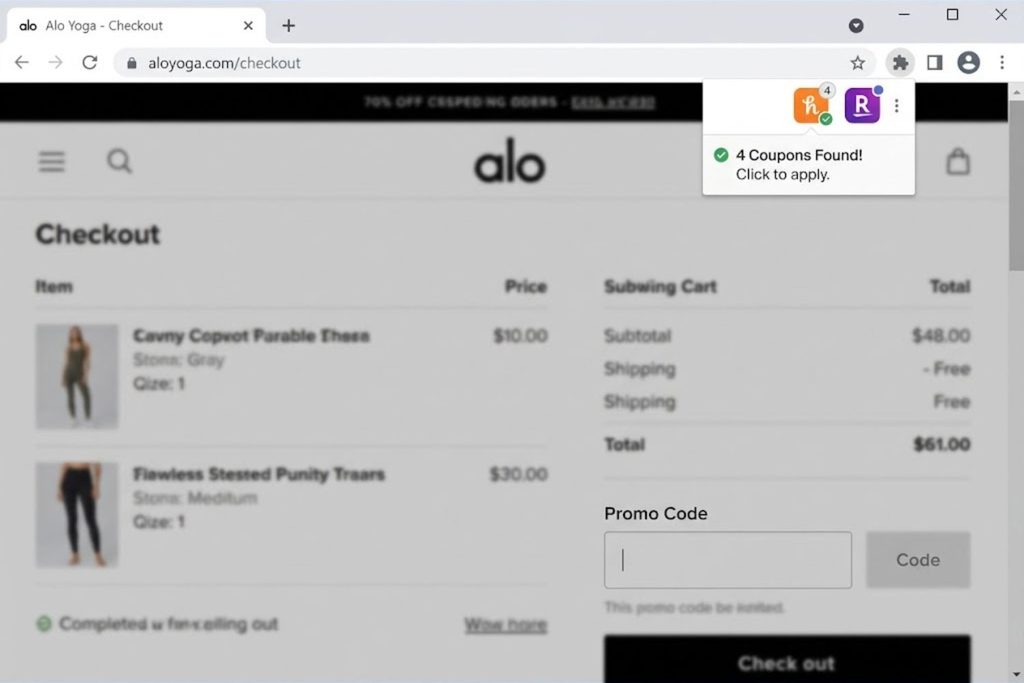 Screenshot of Honey and Rakuten browser extensions in Chrome toolbar for finding Alo discount codes