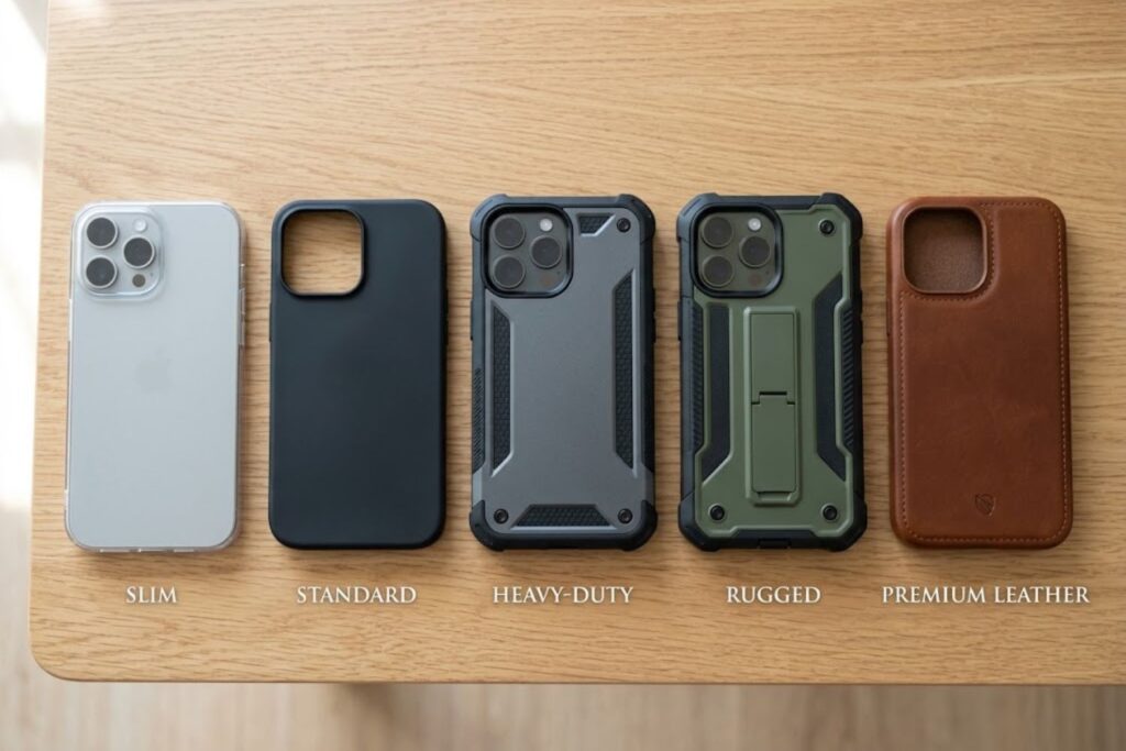 Five different iPhone 17 Pro Max cases displayed side-by-side showing slim, standard, heavy-duty, rugged, and premium leather options