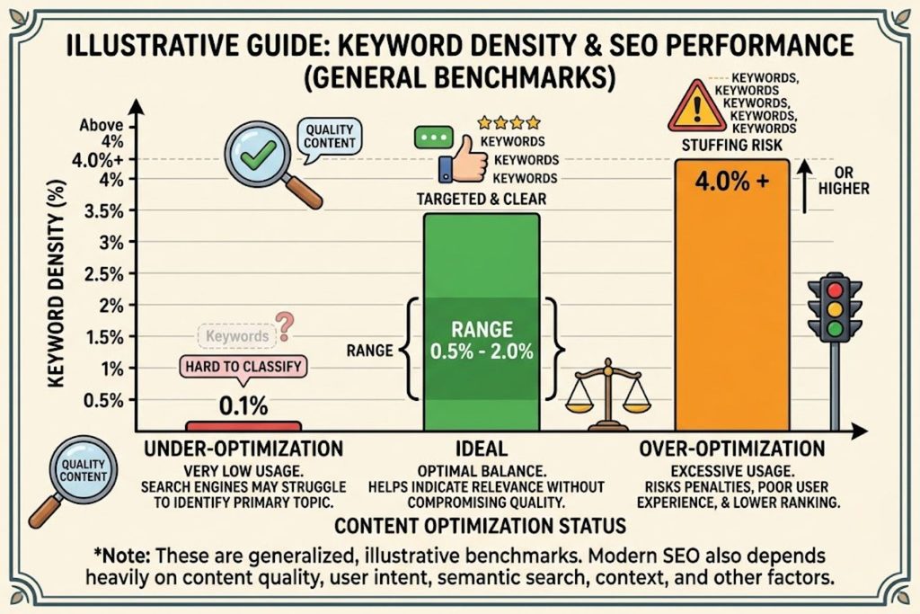 Chart showing ideal keyword density percentages for SEO-optimized content (0.5-2% for primary keywords)