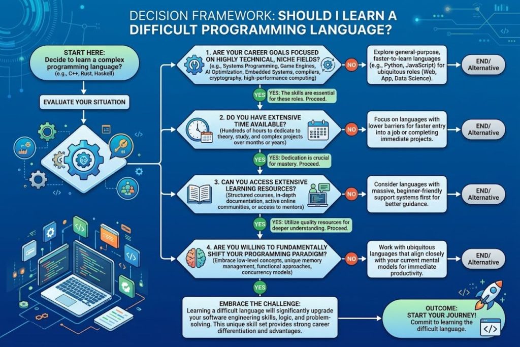 Decision flowchart to help determine whether learning a difficult programming language is right for your career goals