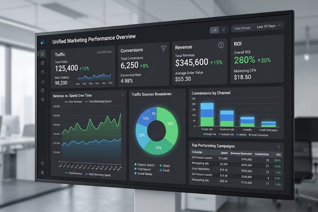 Example marketing dashboard showing traffic, conversions, revenue, and ROI metrics