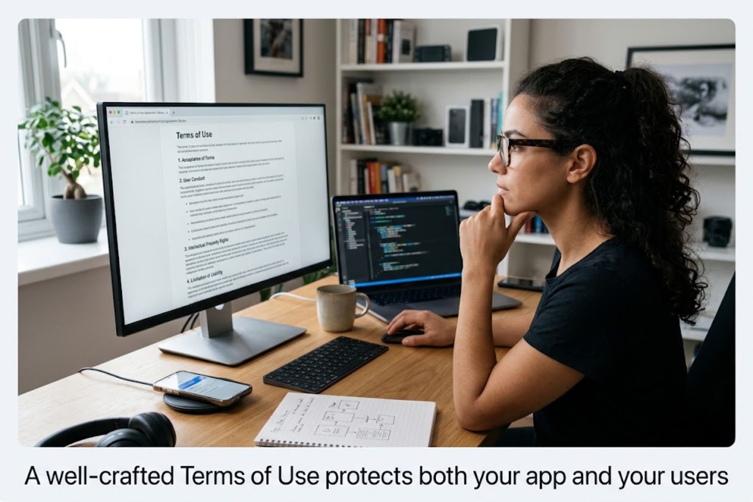 Mobile app developer reviewing terms of use agreement on computer screen