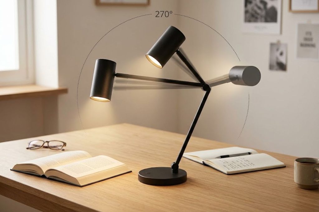 Mono portable reading lamp showing full 270-degree head adjustability, with three different positioning angles displayed