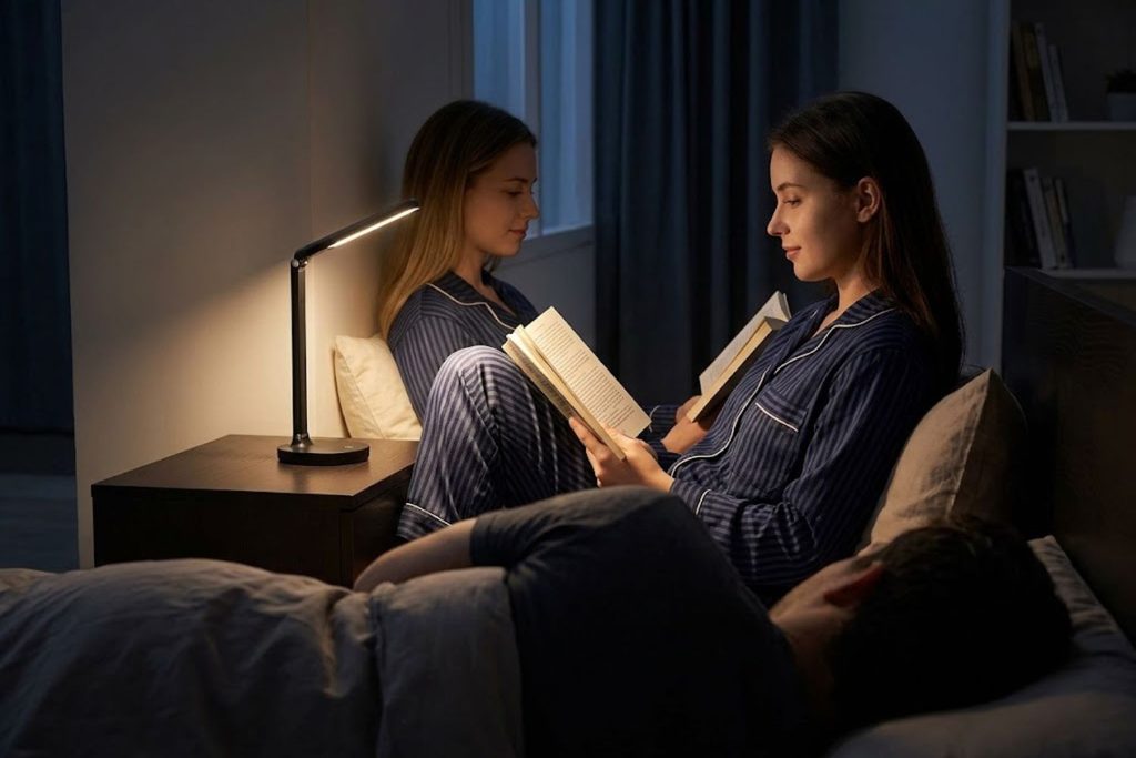 Mono portable reading lamp positioned on nightstand with adjustable head angled to illuminate book without disturbing sleeping partner