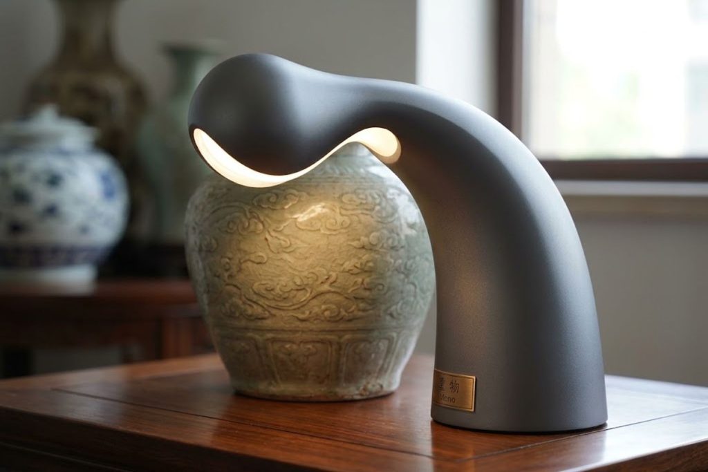 Close-up view of Mono lamp's curved head demonstrating the Zuo Yi gesture design inspiration from ancient Chinese pottery