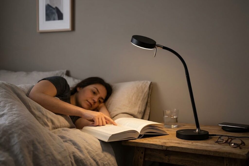 Mono portable reading lamp with adjustable head positioned over bedside reading, showing warm LED lighting and premium design