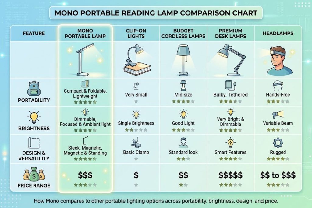 Comparison chart showing Mono portable reading lamp specifications and features compared to clip-on lights, budget cordless lamps, premium desk lamps, and headlamps