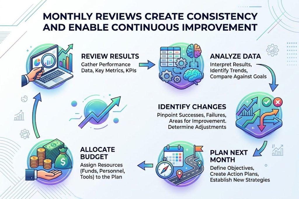Flow diagram showing five steps: review results, analyze data, identify changes, plan next month, allocate budget
