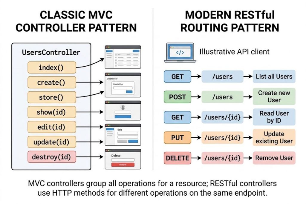 Side-by-side comparison of MVC controller pattern with methods like show(), create(), store() versus modern RESTful routing with GET, POST, PUT, DELETE HTTP methods mapped to resource operations