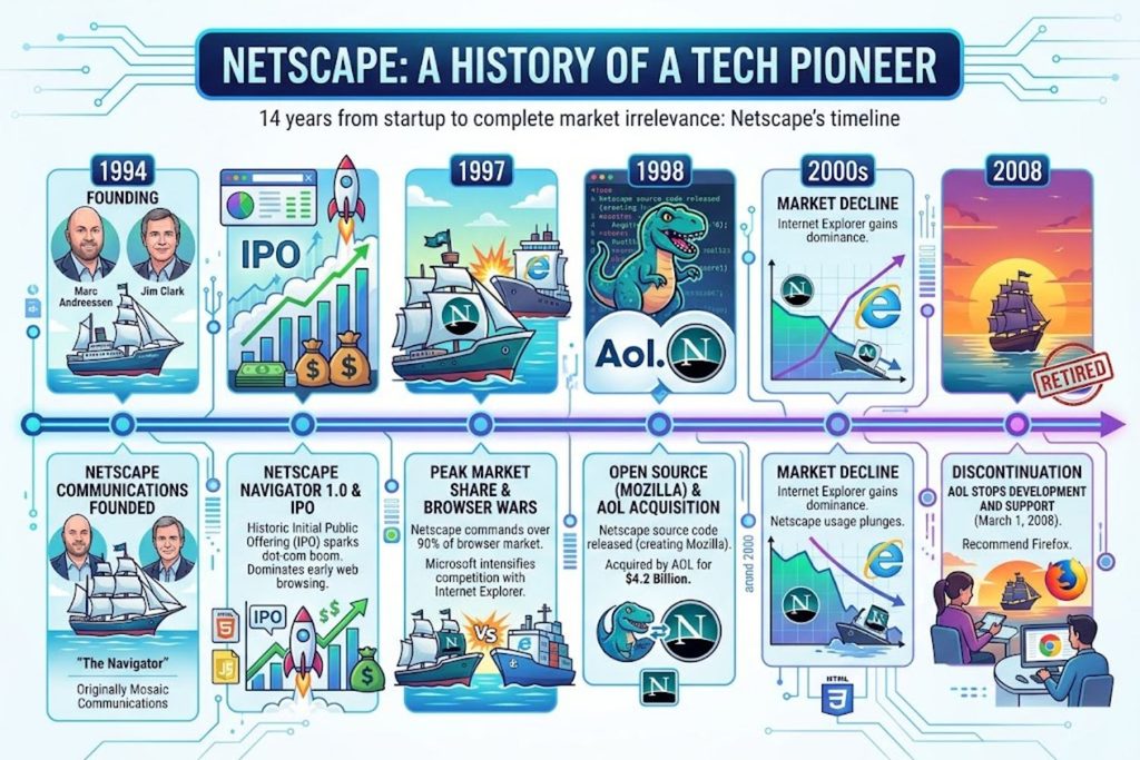 Timeline infographic showing Netscape's key events from 1994 founding through 1995 IPO, 1997 peak market share, 1998 AOL acquisition, 2000 market decline, and 2008 discontinuation