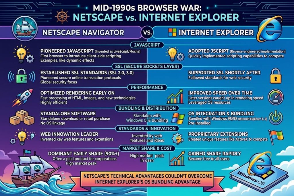 Comparison chart showing Netscape Navigator features (JavaScript, SSL, Performance) versus Internet Explorer capabilities in the mid-1990s