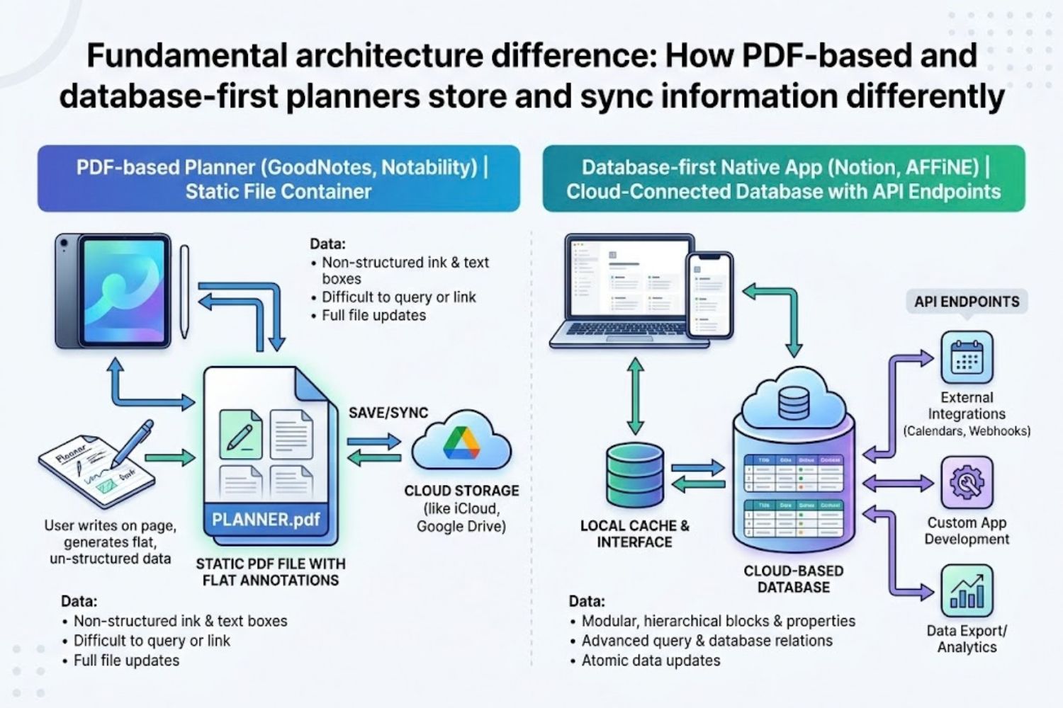 Diagram showing PDF-based planner (GoodNotes, Notability) as static file containers vs. native apps (Notion, AFFiNE) as cloud-connected databases with API endpoints