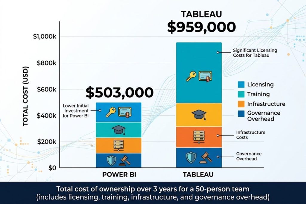3-year total cost comparison graph showing Power BI at $503,000 and Tableau at $959,000 including licensing, training, and infrastructure costs