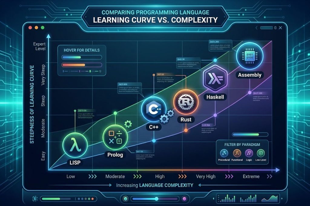 Chart showing learning difficulty and language complexity comparison for C++, Rust, Assembly, Prolog, Haskell, and LISP