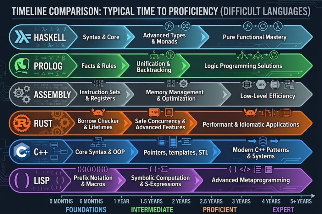 Timeline comparison showing typical time to proficiency for C++, Rust, Assembly, Prolog, Haskell, and LISP