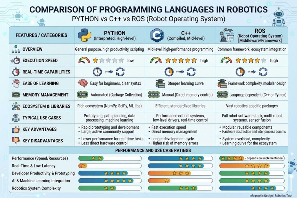 Comparison chart of programming languages used in robotics including Python, C++, and ROS with performance and use case ratings