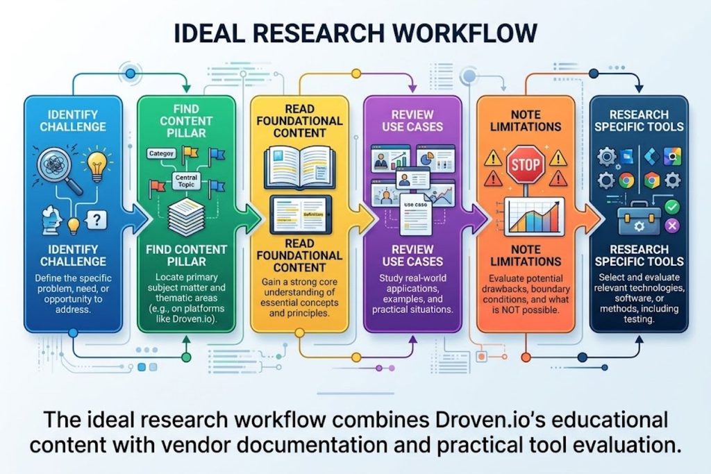 Step-by-step flowchart showing ideal research workflow: Identify challenge → Find content pillar → Read foundational content → Review use cases → Note limitations → Research specific tools