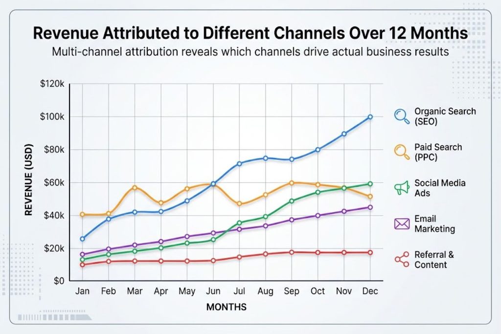 Line graph showing revenue attributed to different channels over 12 months